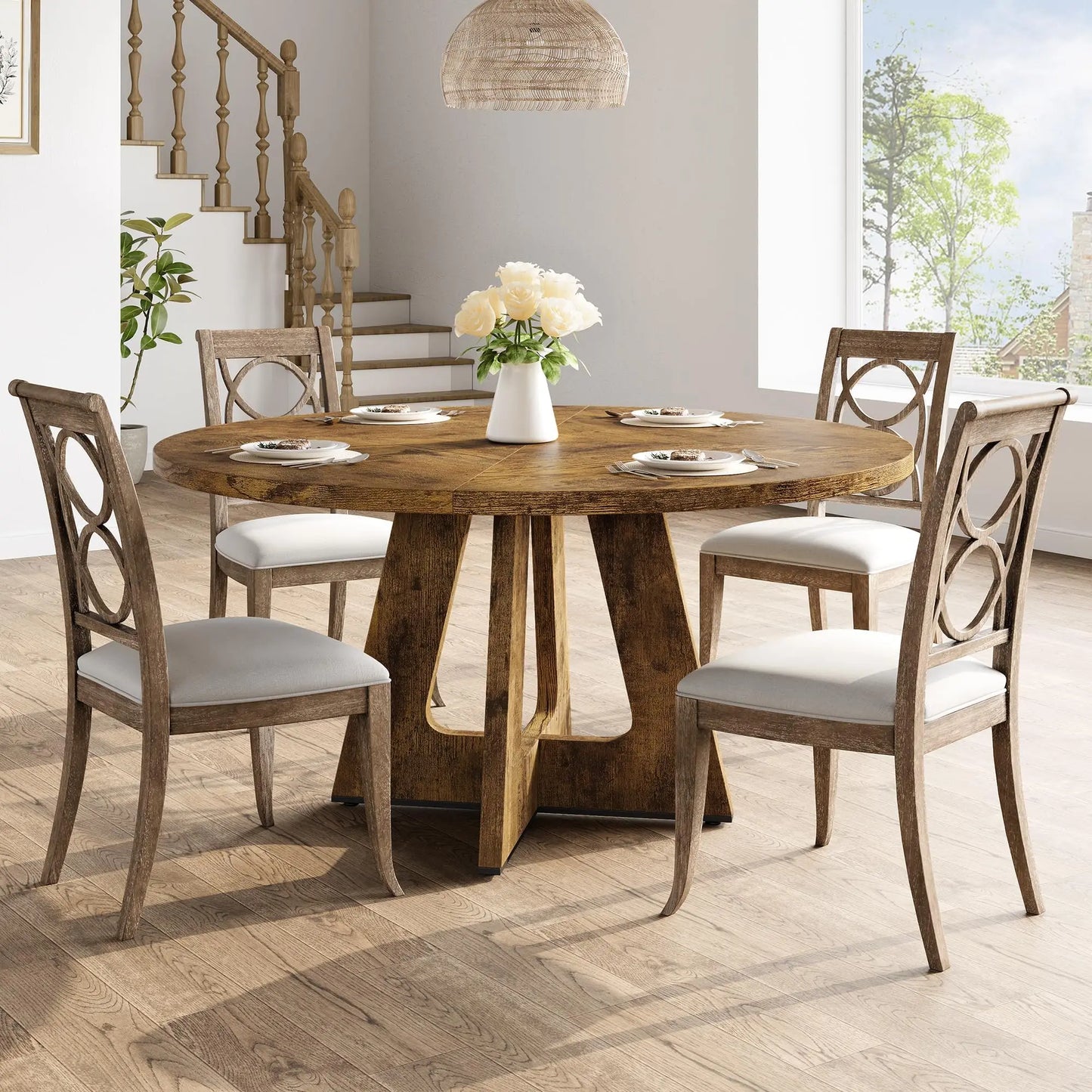 47-Inch Round Farmhouse Dining Table For 4 to 6