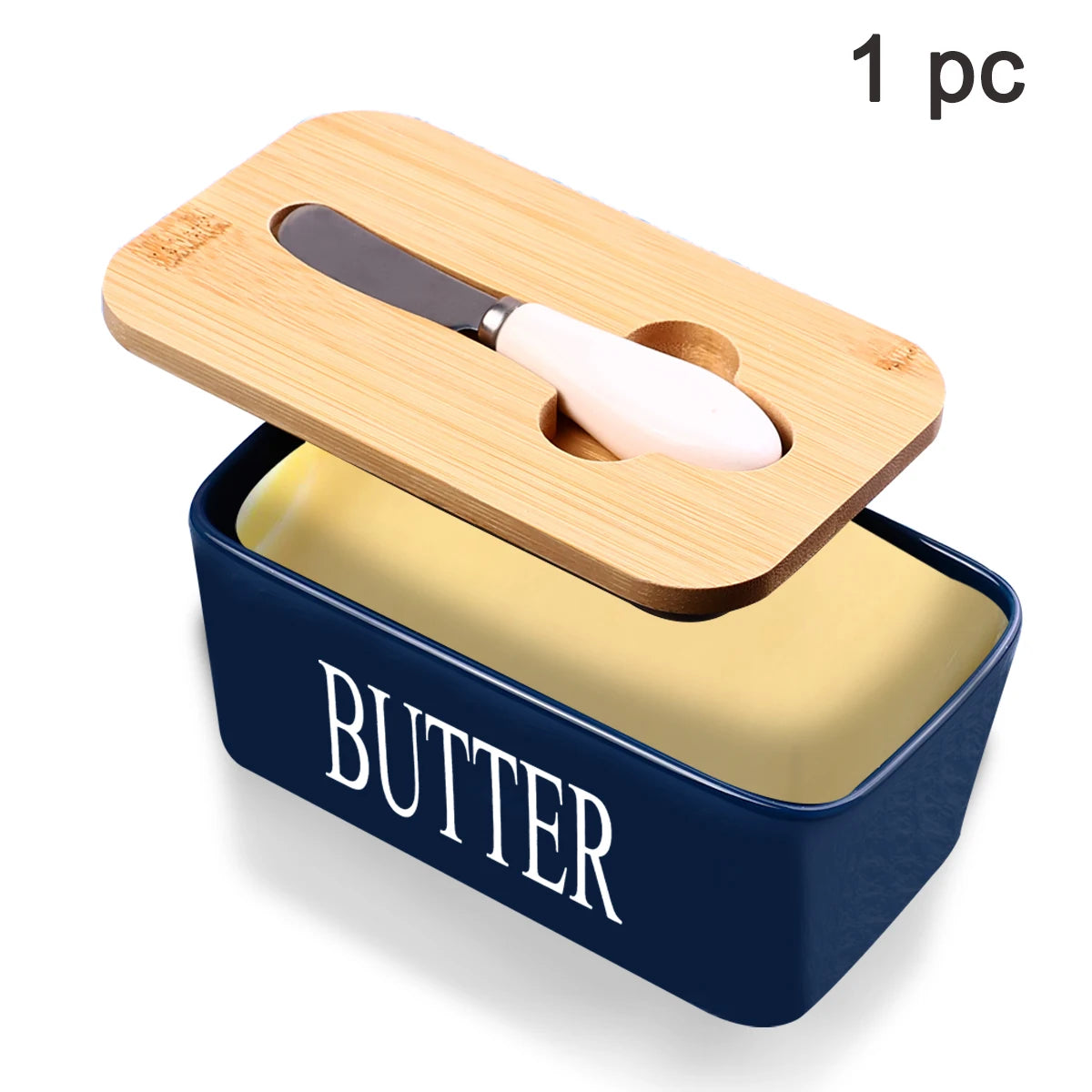 Ceramic Butter Dish With Bamboo Lid and Knife