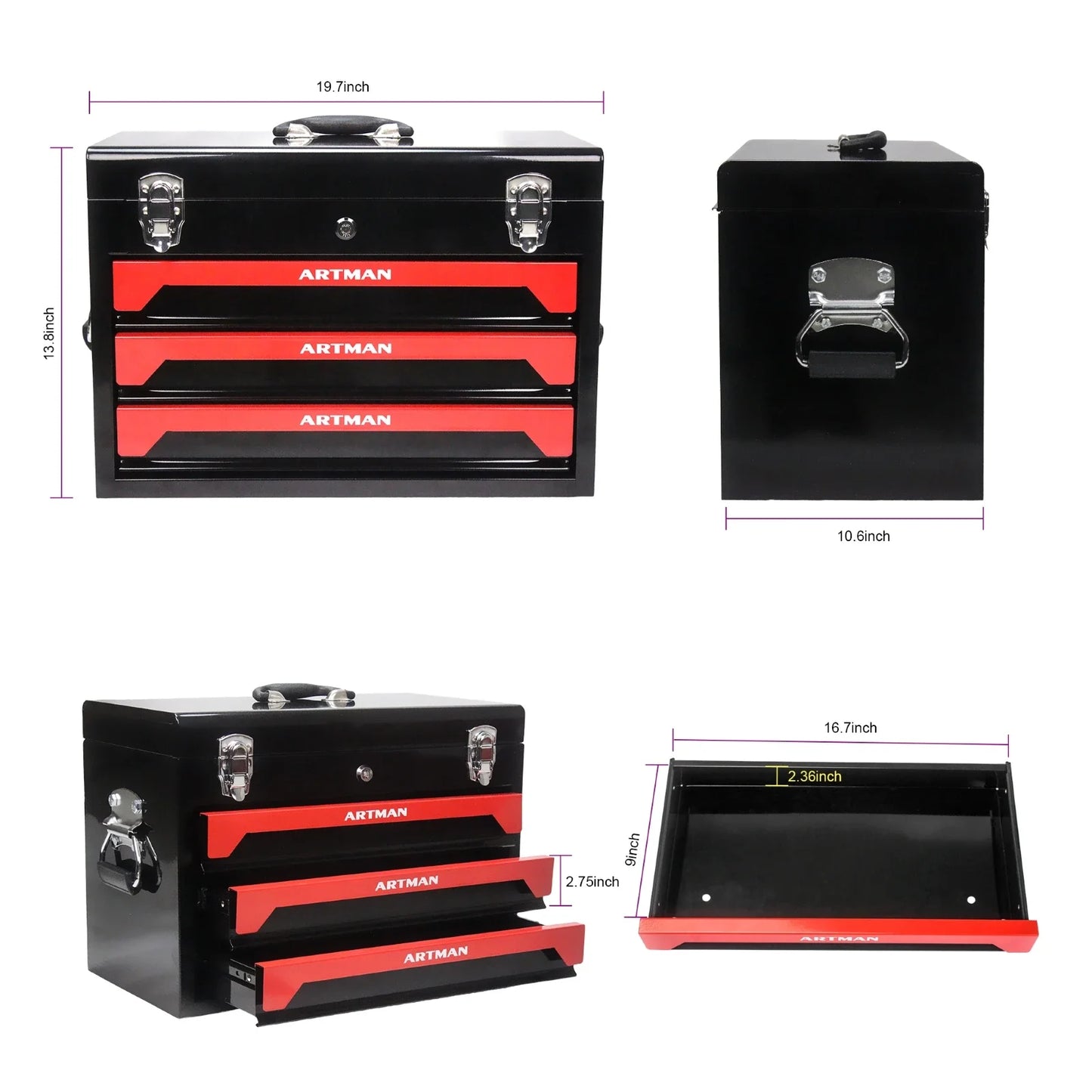 Portable 3 Drawer Tool Box, Liners & Lock
