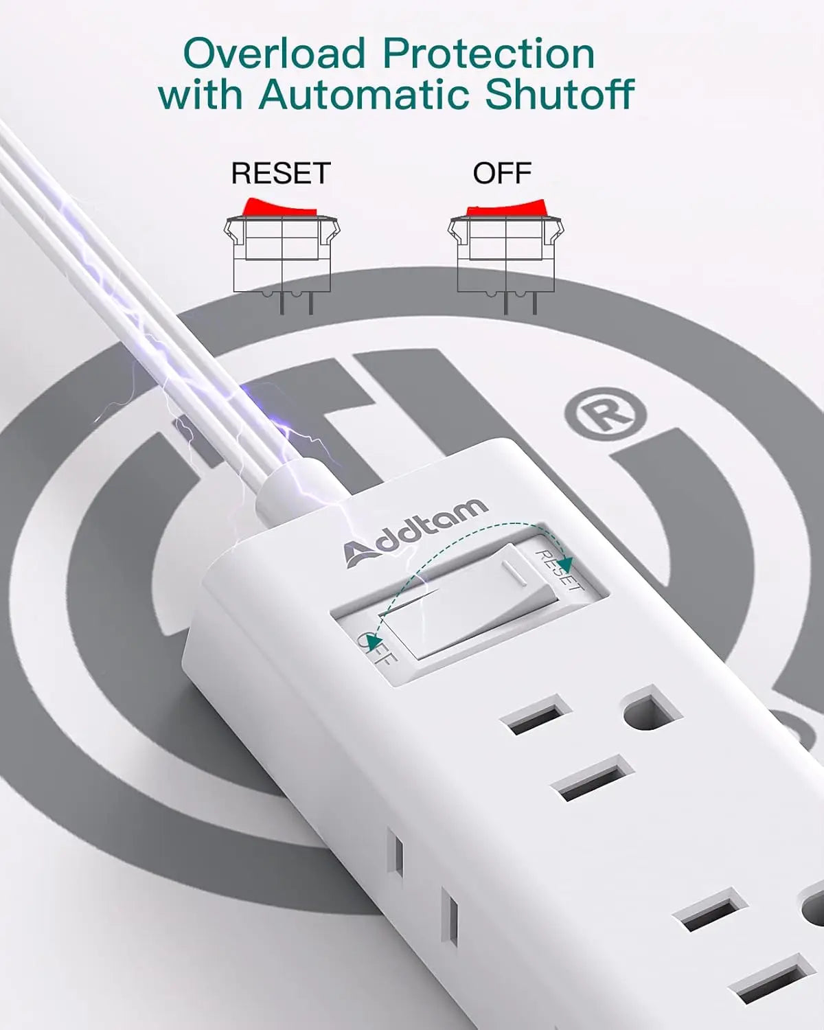 Flat Plug Power Strip, 6 Outlets, Extension Cord