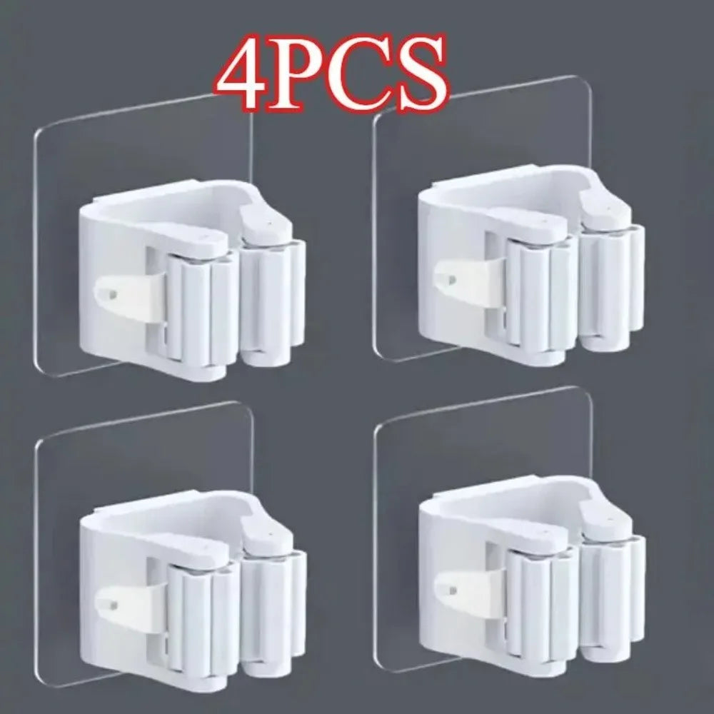4 Piece White Mop Holder with Self-adhesive Installation