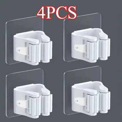 4 Piece White Mop Holder with Self-adhesive Installation