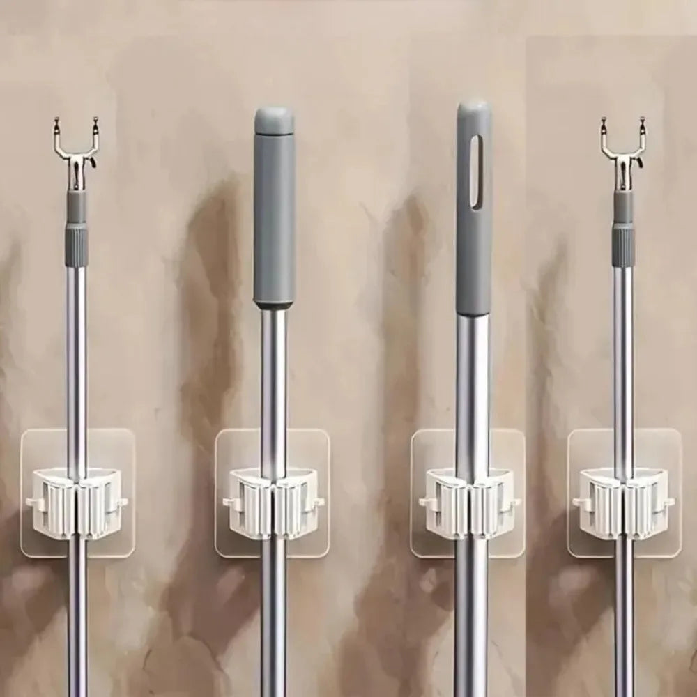 4 Piece White Mop Holder with Self-adhesive Installation