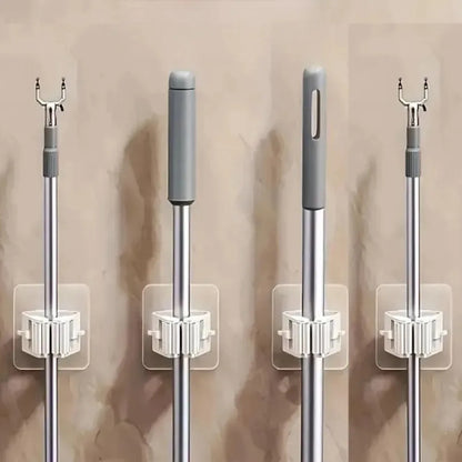 4 Piece White Mop Holder with Self-adhesive Installation