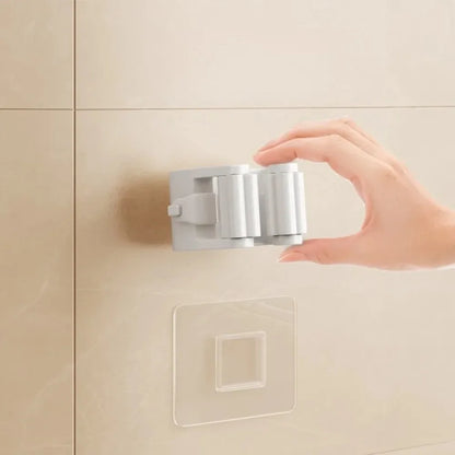 4 Piece White Mop Holder with Self-adhesive Installation