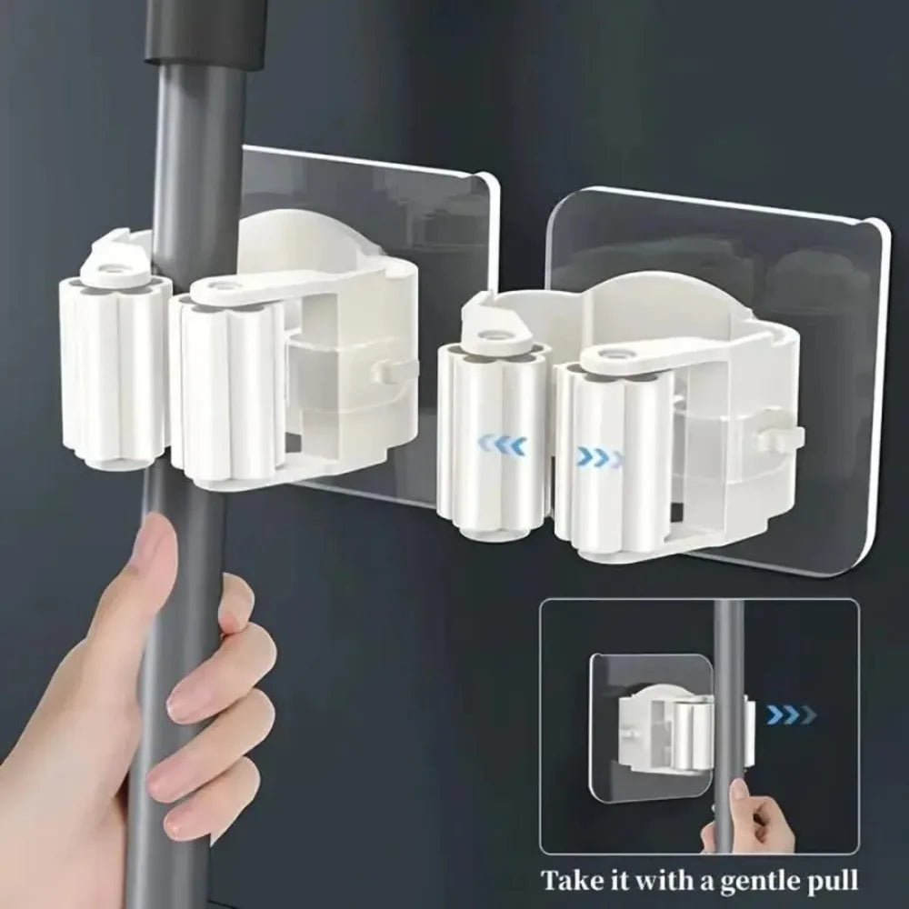 4 Piece White Mop Holder with Self-adhesive Installation