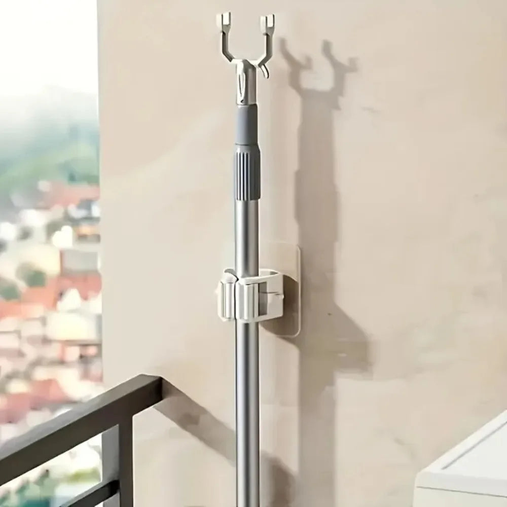 4 Piece White Mop Holder with Self-adhesive Installation