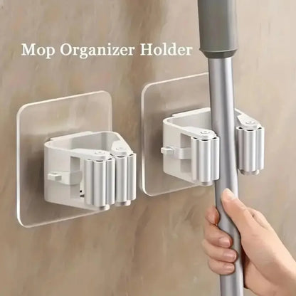 4 Piece White Mop Holder with Self-adhesive Installation