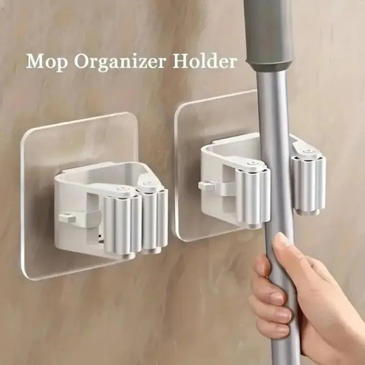 4 Piece White Mop Holder with Self-adhesive Installation