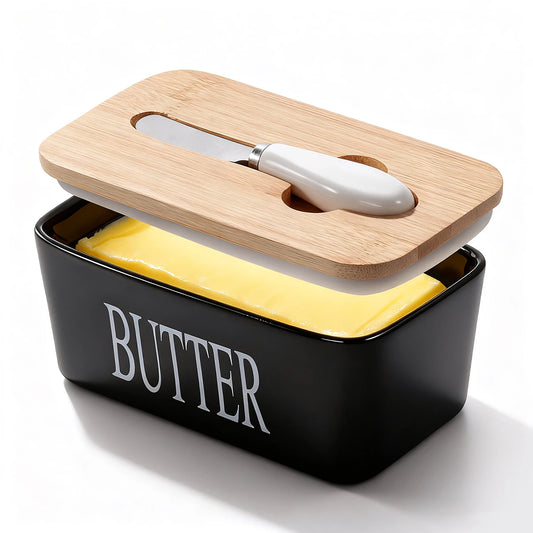 Ceramic Butter Dish With Bamboo Lid and Knife