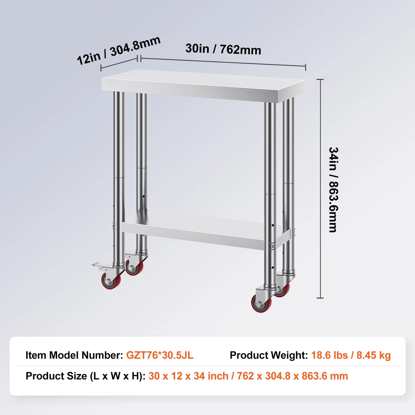 Stainless Steel Kitchen Work Table with Caster Wheels