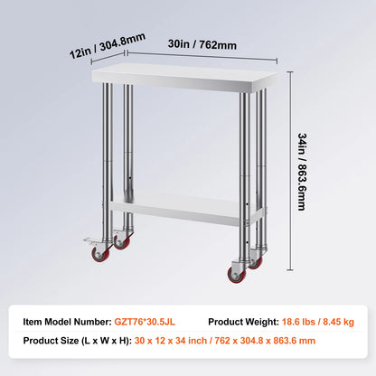 Stainless Steel Kitchen Work Table with Caster Wheels