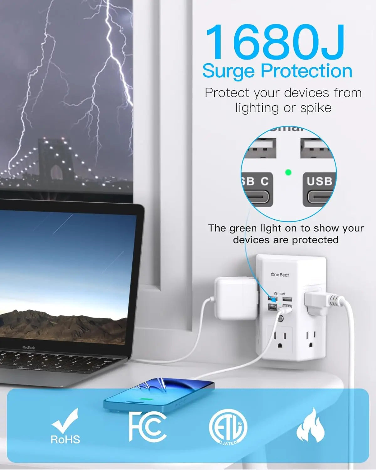 Power Strip w/ 5 Outlets, 4 USB Charging Ports