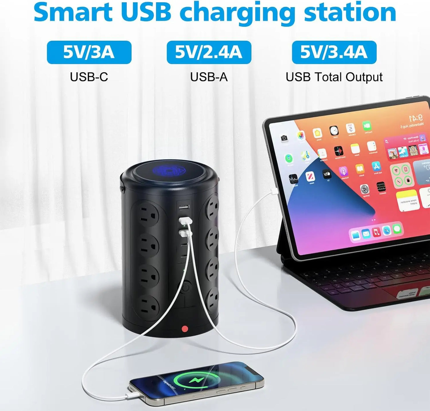 16-Outlet Power Strip w/5 USB Ports & 6' Cord