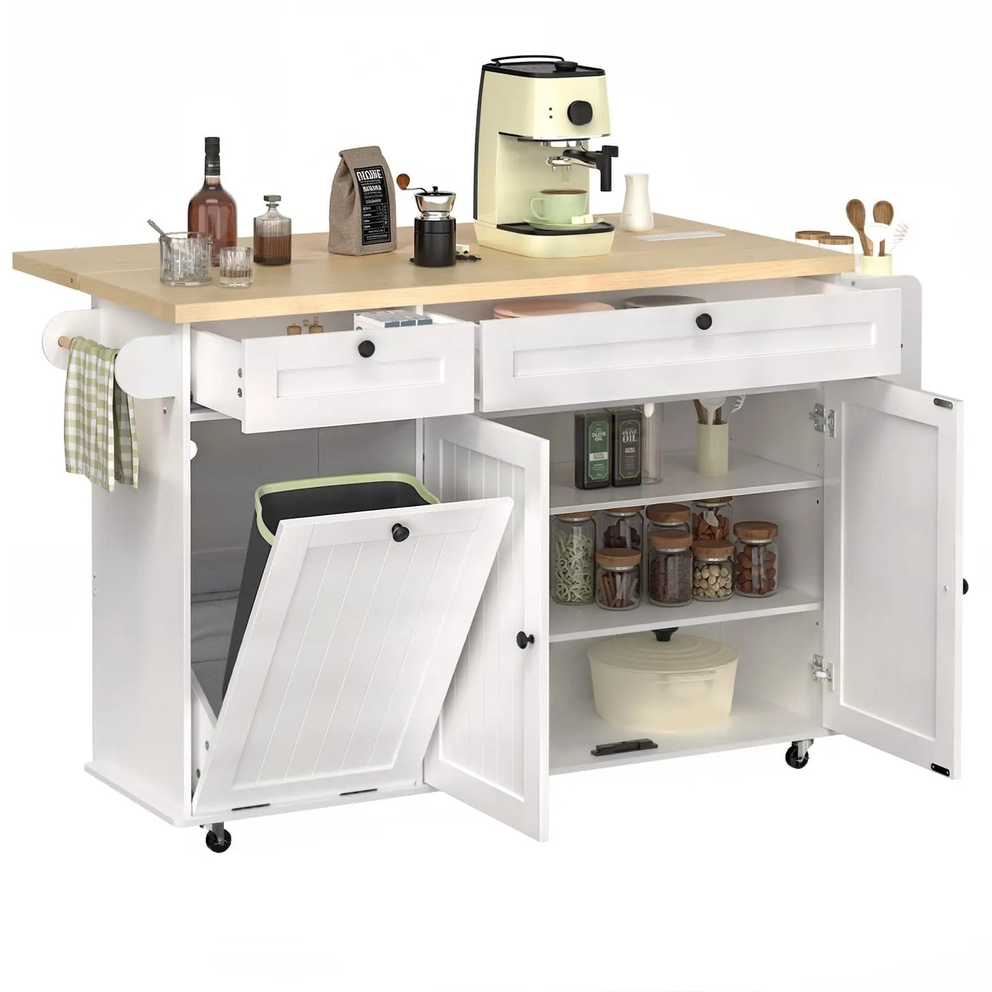 60" Mobile Kitchen Island with Power Outlet, Spice, Towel Rack, and Trash
