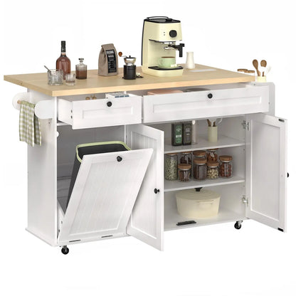 60" Mobile Kitchen Island with Power Outlet, Spice, Towel Rack, and Trash