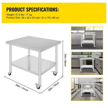 Stainless Steel Kitchen Work Table with Caster Wheels