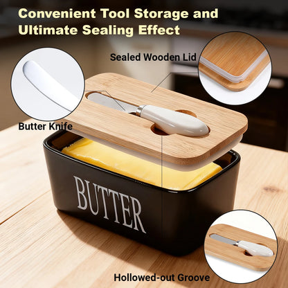 Ceramic Butter Dish With Bamboo Lid and Knife