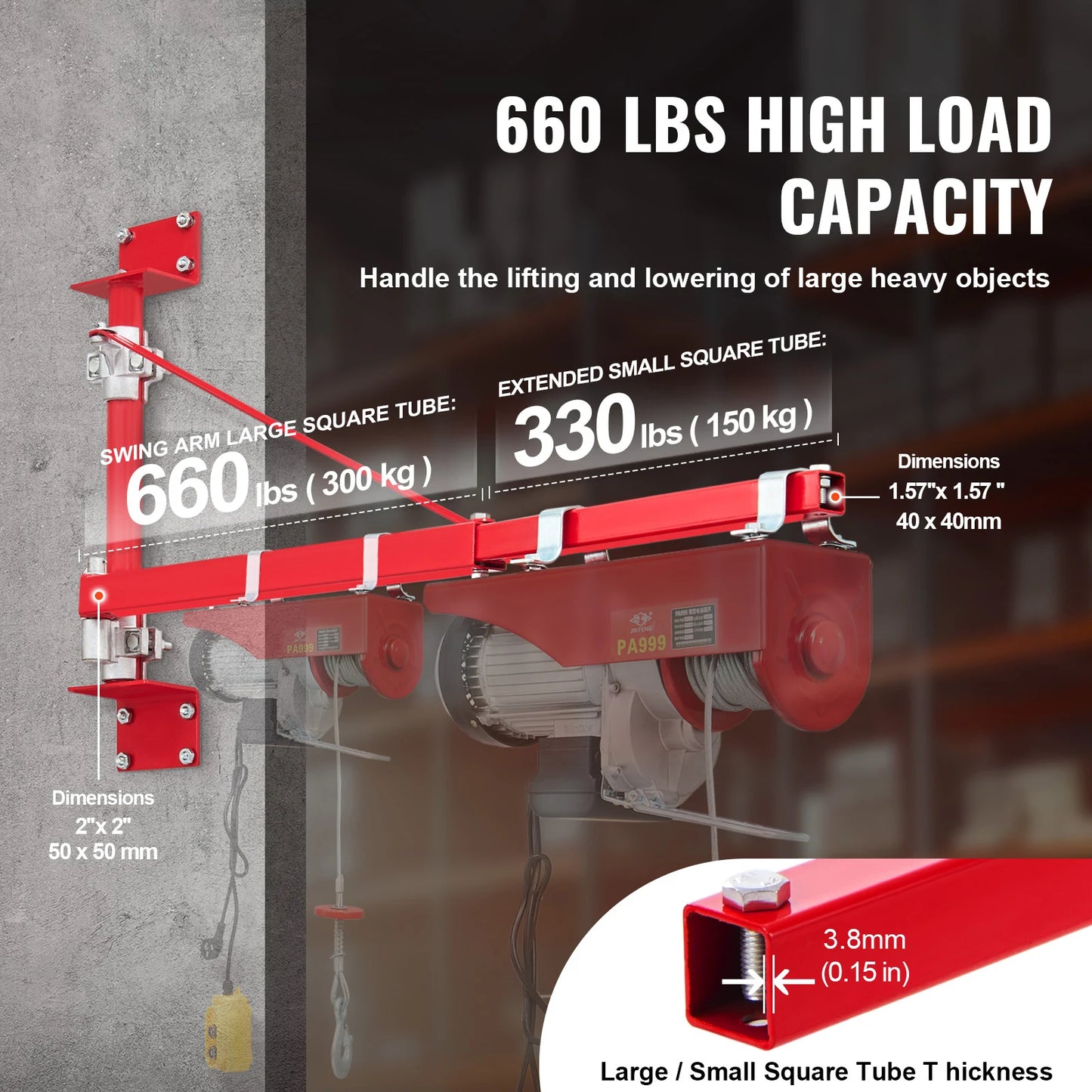 Electric Hoist, Swing Arm Support, w/Steel Hoist Frame, 180° Rotation