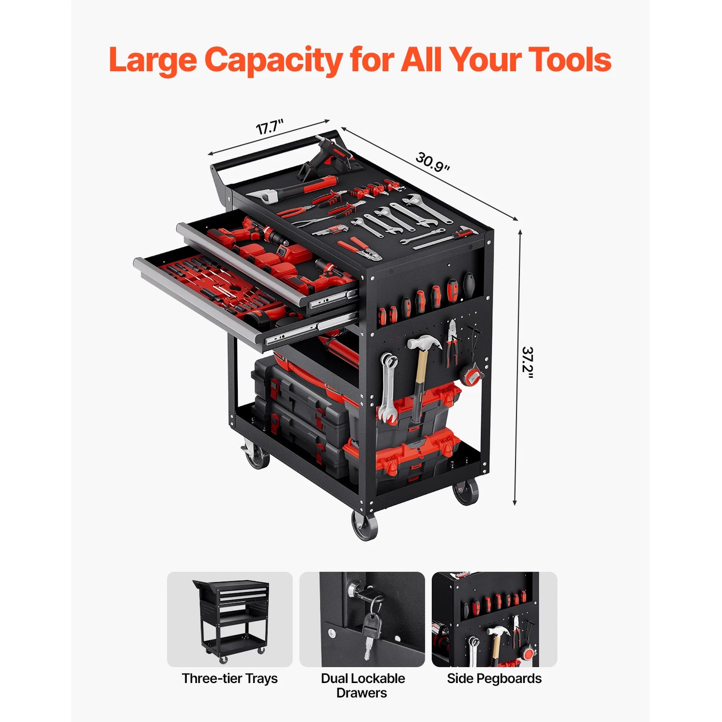 5-Tier Tool Chest 2-Drawer Rolling Tool Work Cart w/Locking & Pegboard