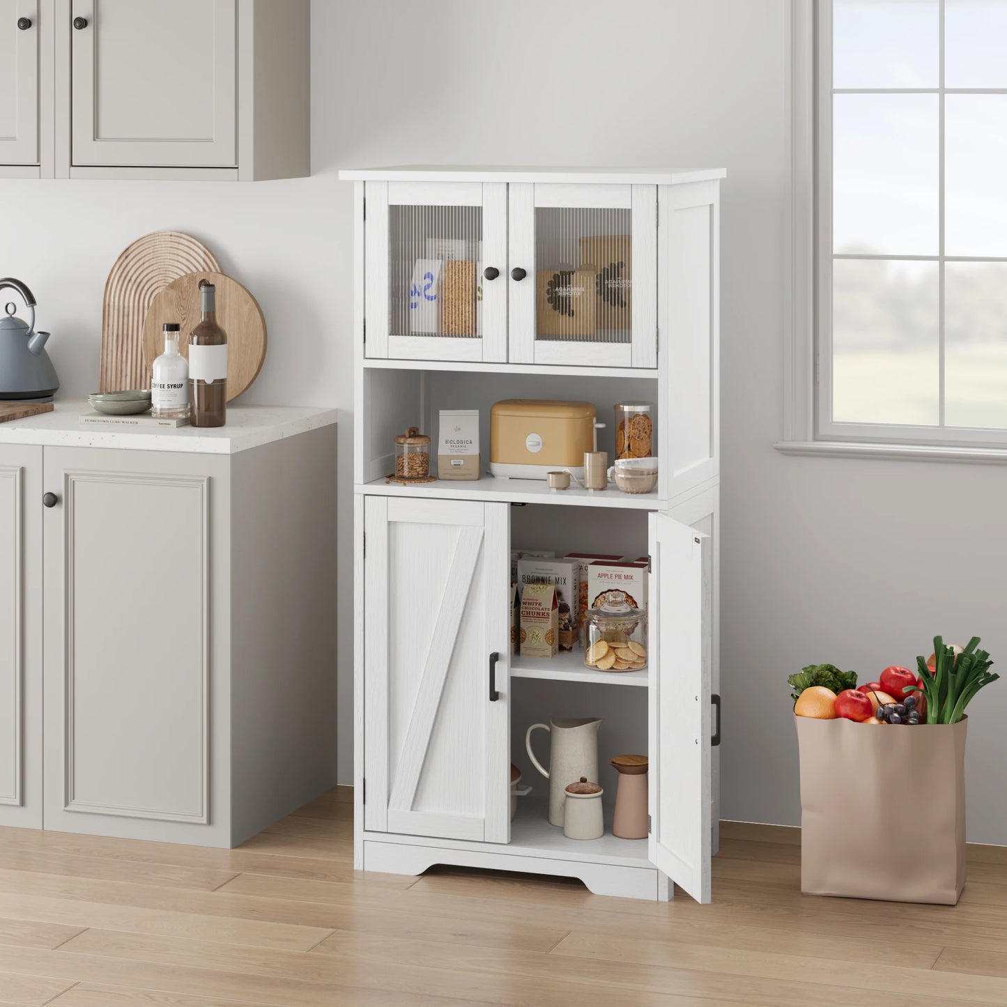 Free Standing Kitchen Pantry Cupboard with Tempered Glass Doors