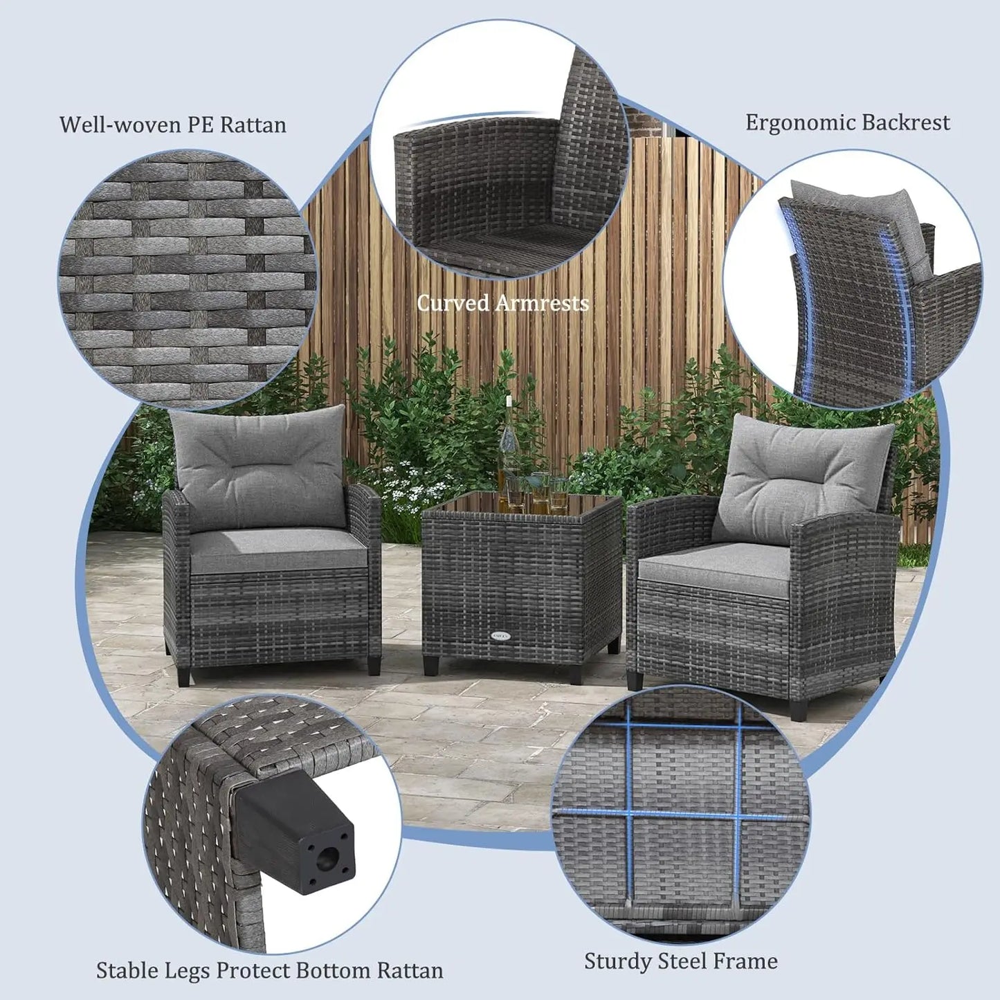 3 Piece Patio Furniture Set with Washable Cushions