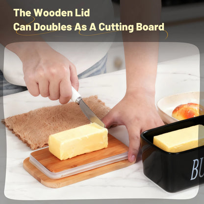 Ceramic Butter Dish With Bamboo Lid and Knife