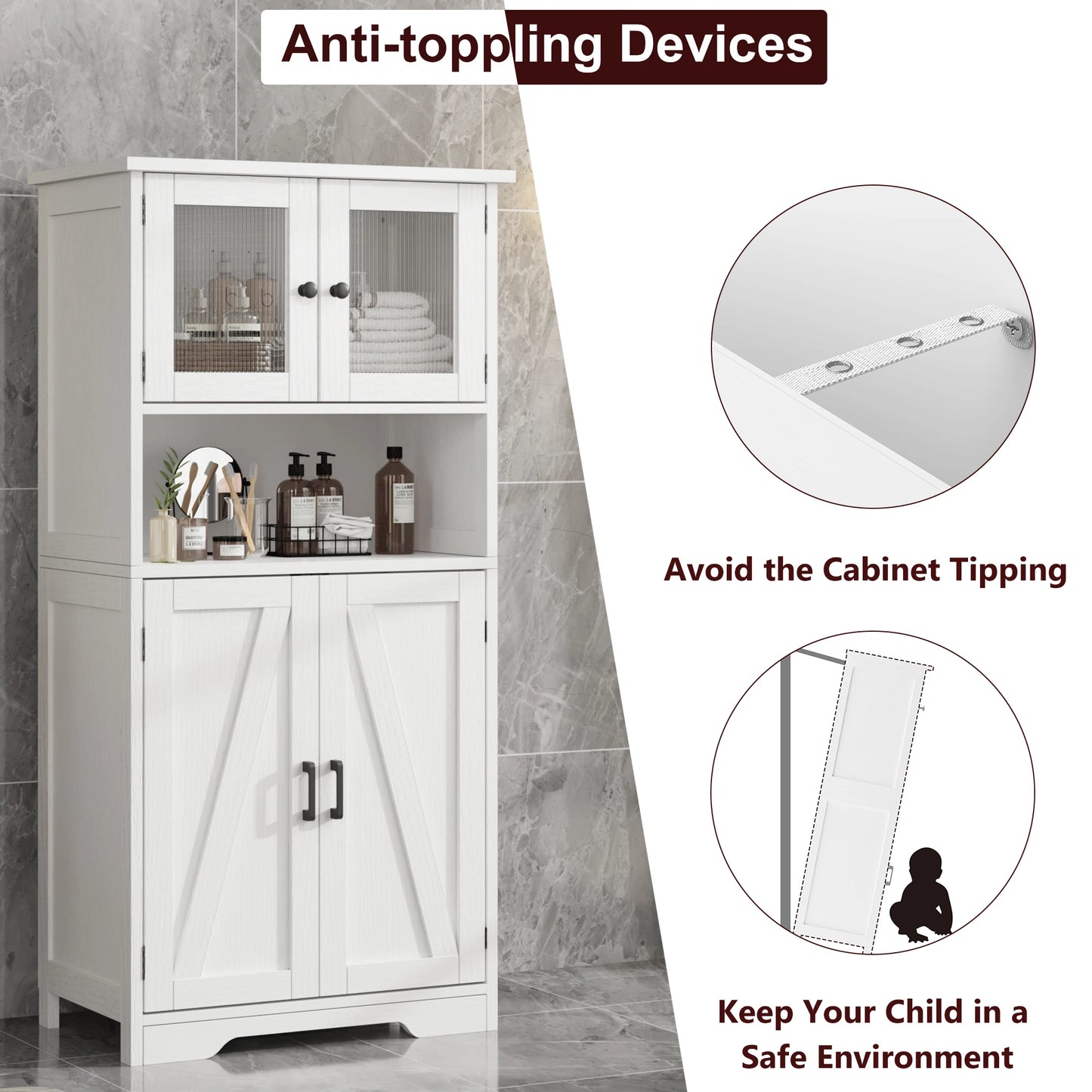 Free Standing Kitchen Pantry Cupboard with Tempered Glass Doors