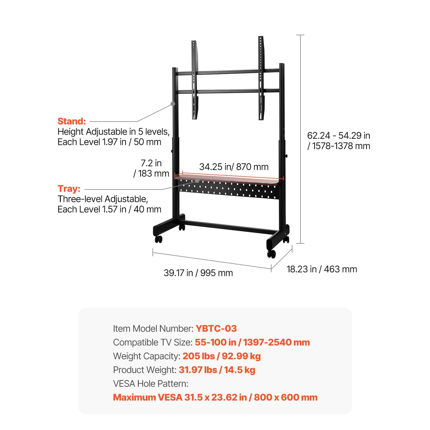 Portable TV Stand with Wheels for Living Room, Bedroom & Office