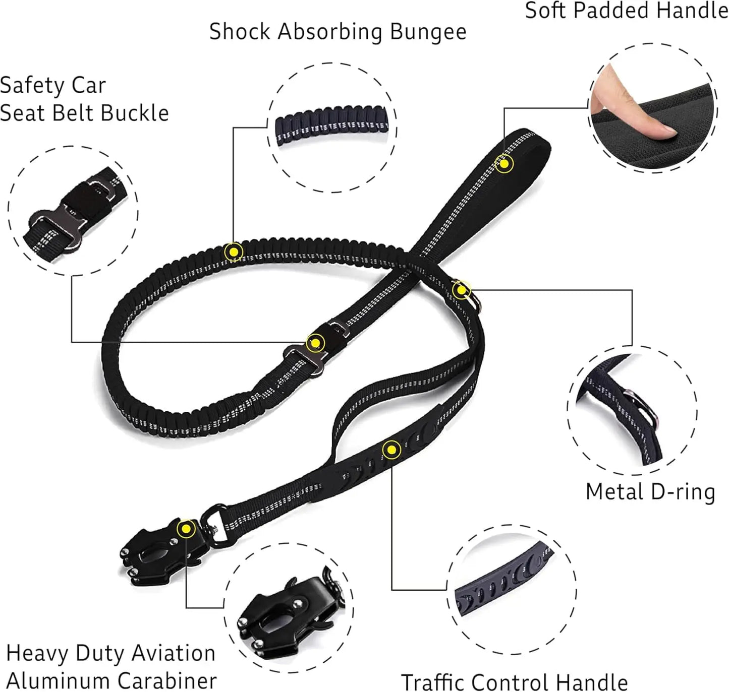 Reflective Large Dog Shock Absorbing Leash with Car Seatbelt