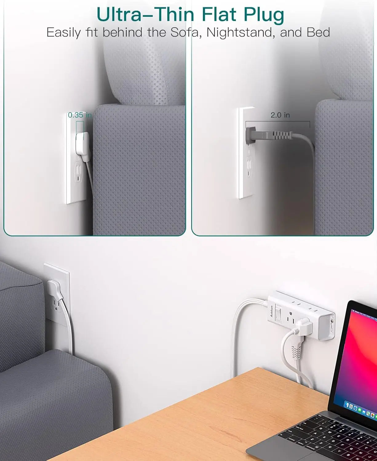 Flat Plug Power Strip, 6 Outlets, Extension Cord