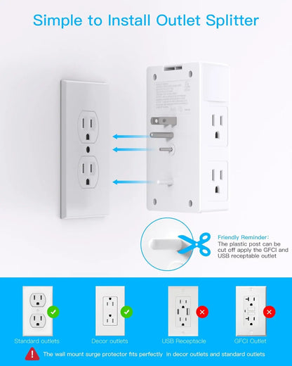 Power Strip w/ 5 Outlets, 4 USB Charging Ports