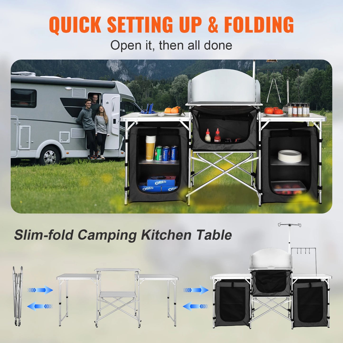 Camping Kitchen Table, Cabinet, Foldable Storage