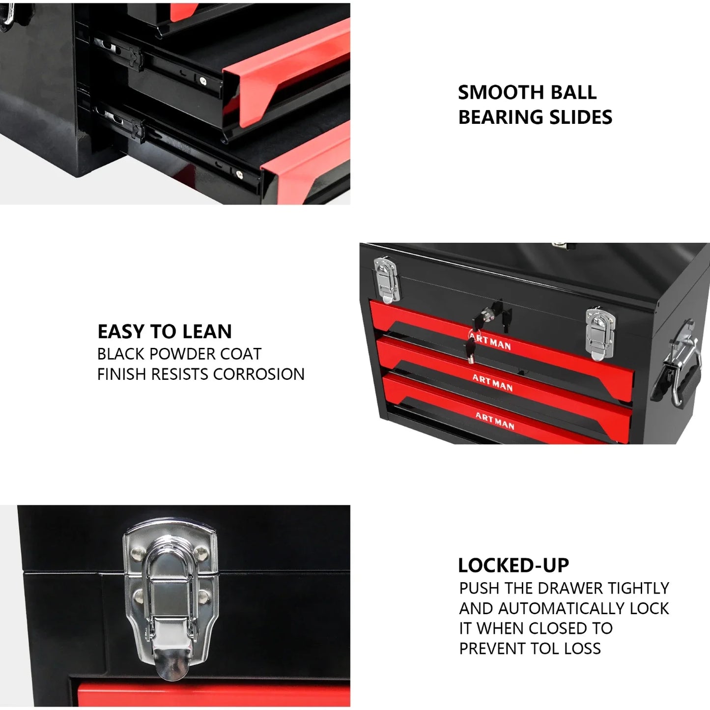 Portable 3 Drawer Tool Box, Liners & Lock
