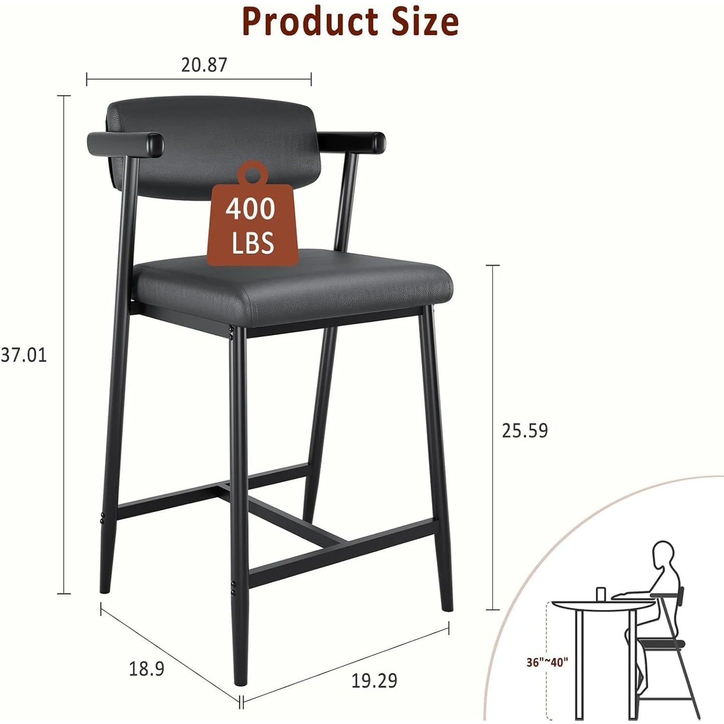 2PCS Modern Bar Stools Set with Back & Upholstered  Seat