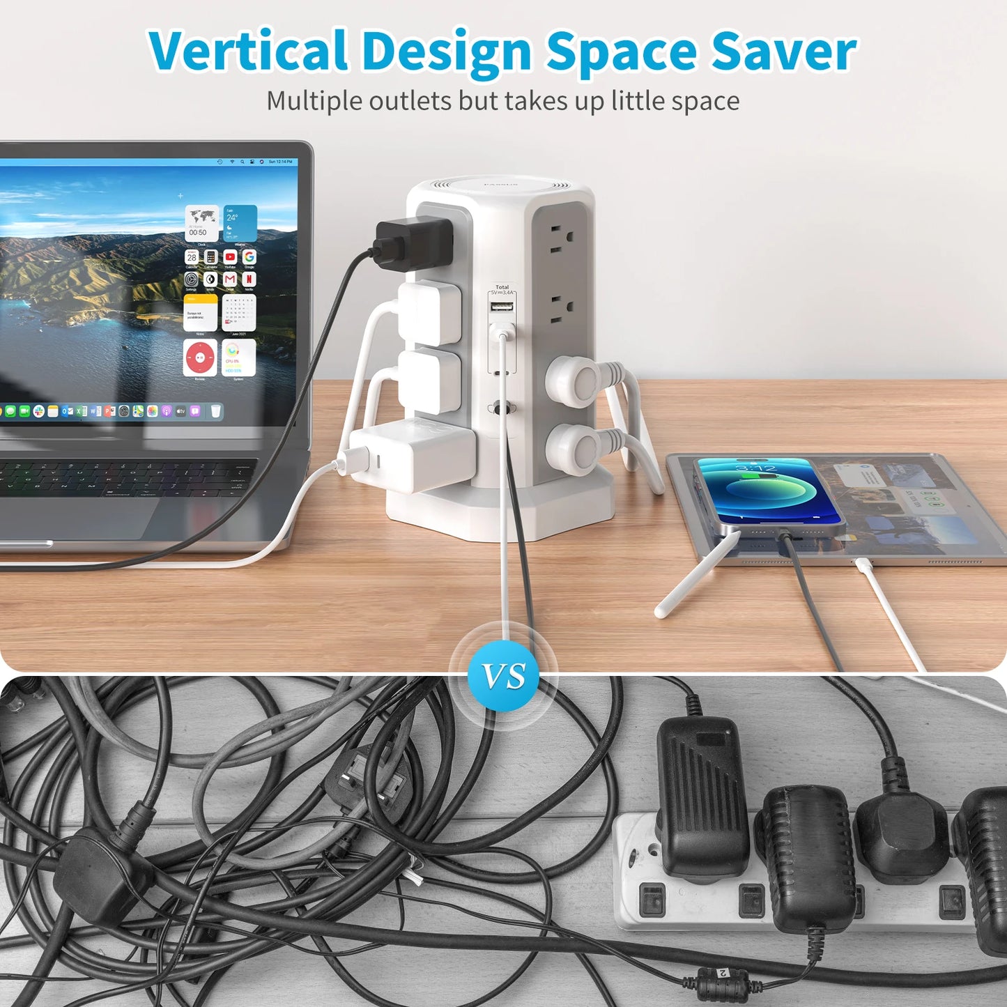 Extension tower power strip, suitable for office, home & school
