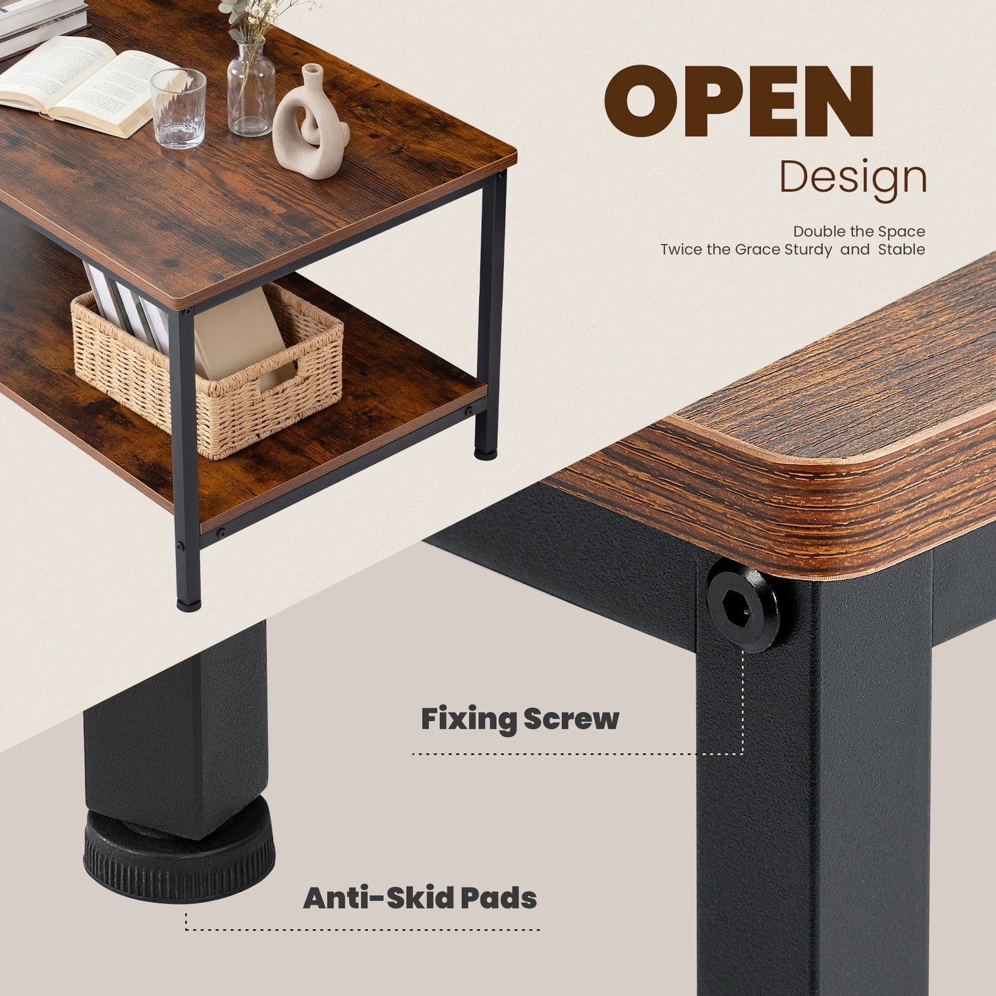 31" Wood Coffee Table, 2-Tier with Storage
