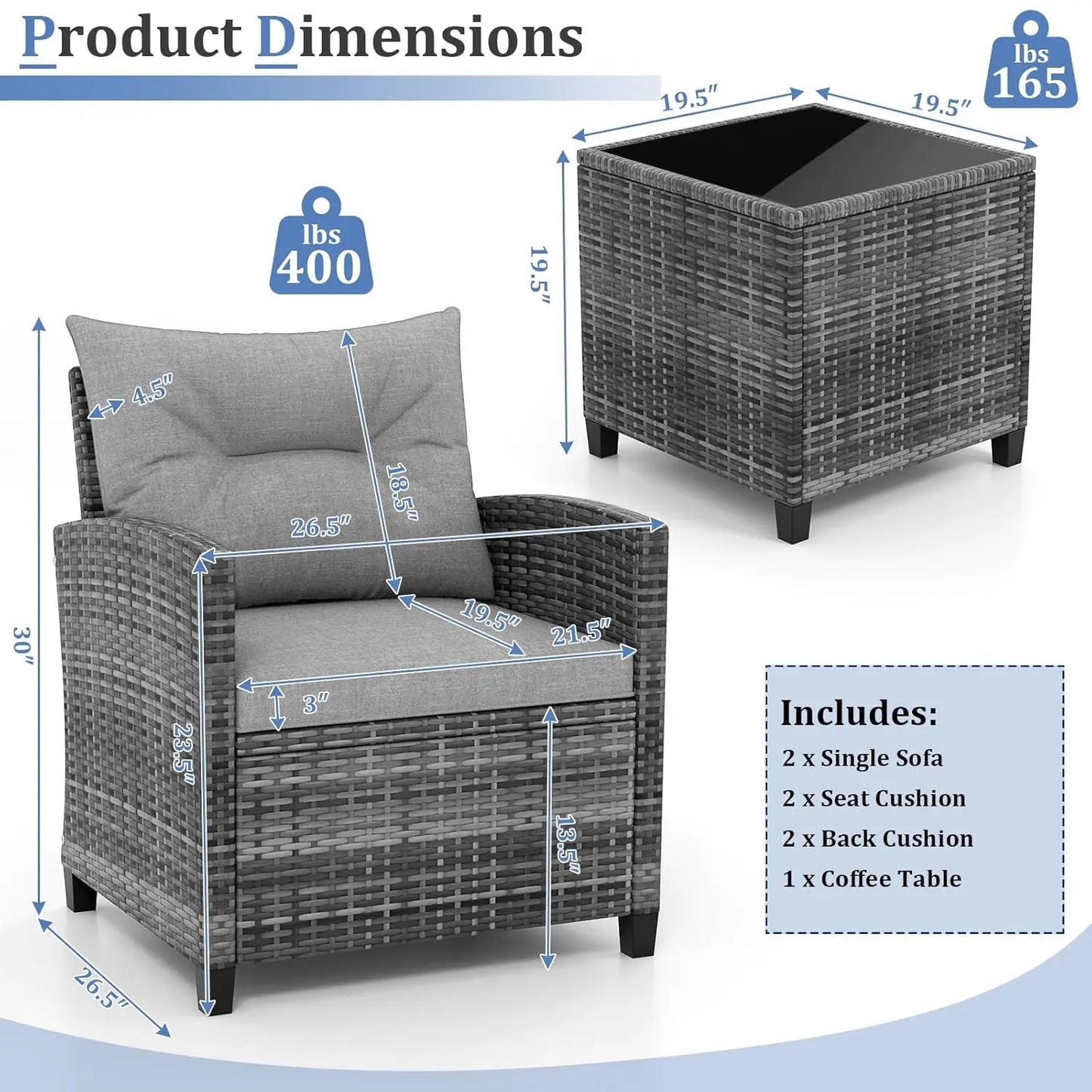 3 Piece Patio Furniture Set with Washable Cushions
