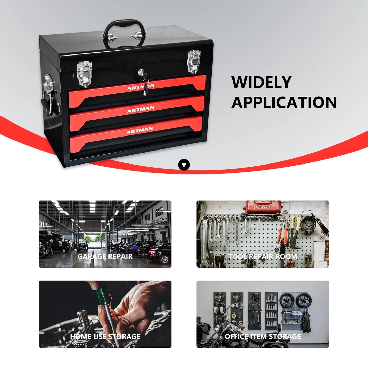 Portable 3 Drawer Tool Box, Liners & Lock
