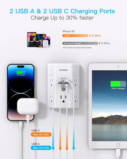 Power Strip w/ 5 Outlets, 4 USB Charging Ports
