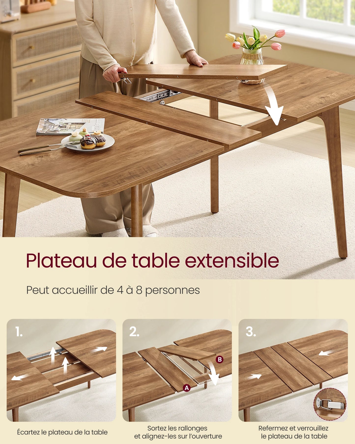 Dining Table, Extendable Top, for Dining Room, Office or Workspace