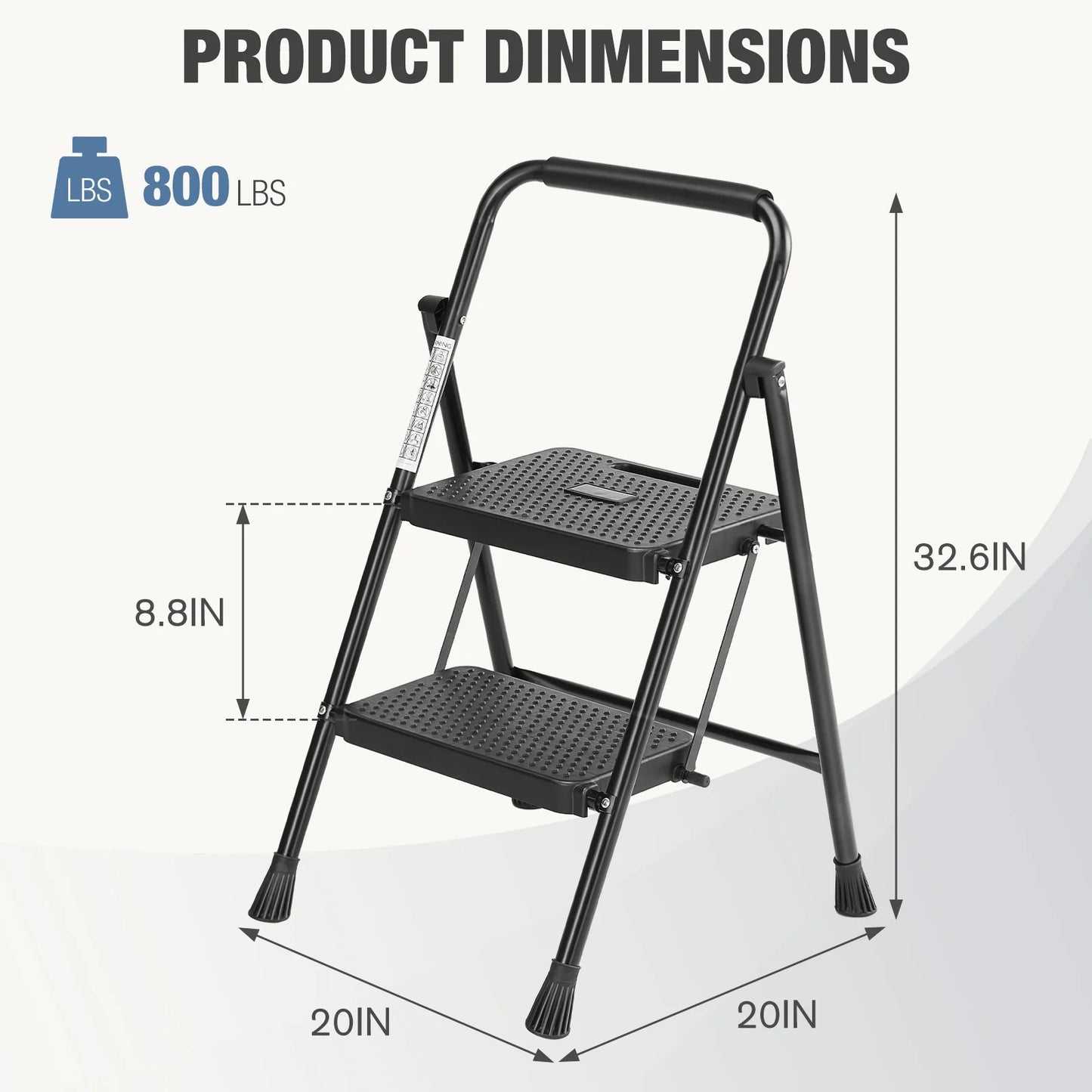 Folding 2 Step Ladder Stool with Anti-Slip Legs and 800lbs Capacity