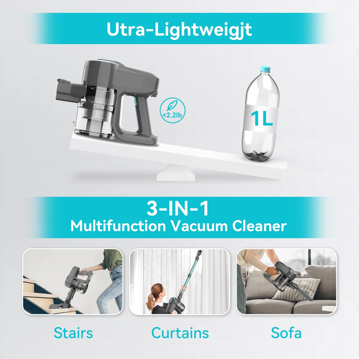 Cordless Upright Vacuum Cleaner, for Carpet, Floor, Car, Pet Hair