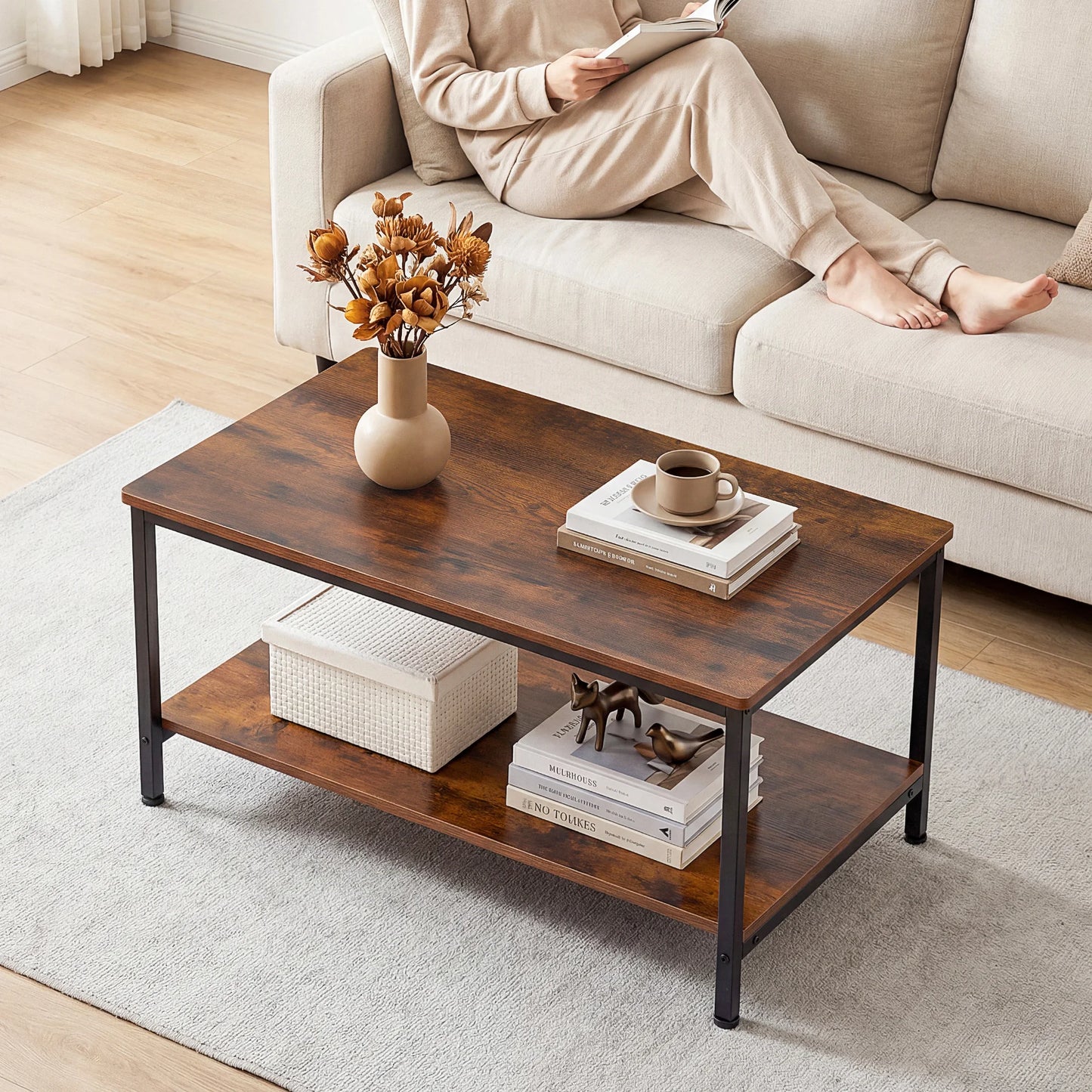 31" Wood Coffee Table, 2-Tier with Storage