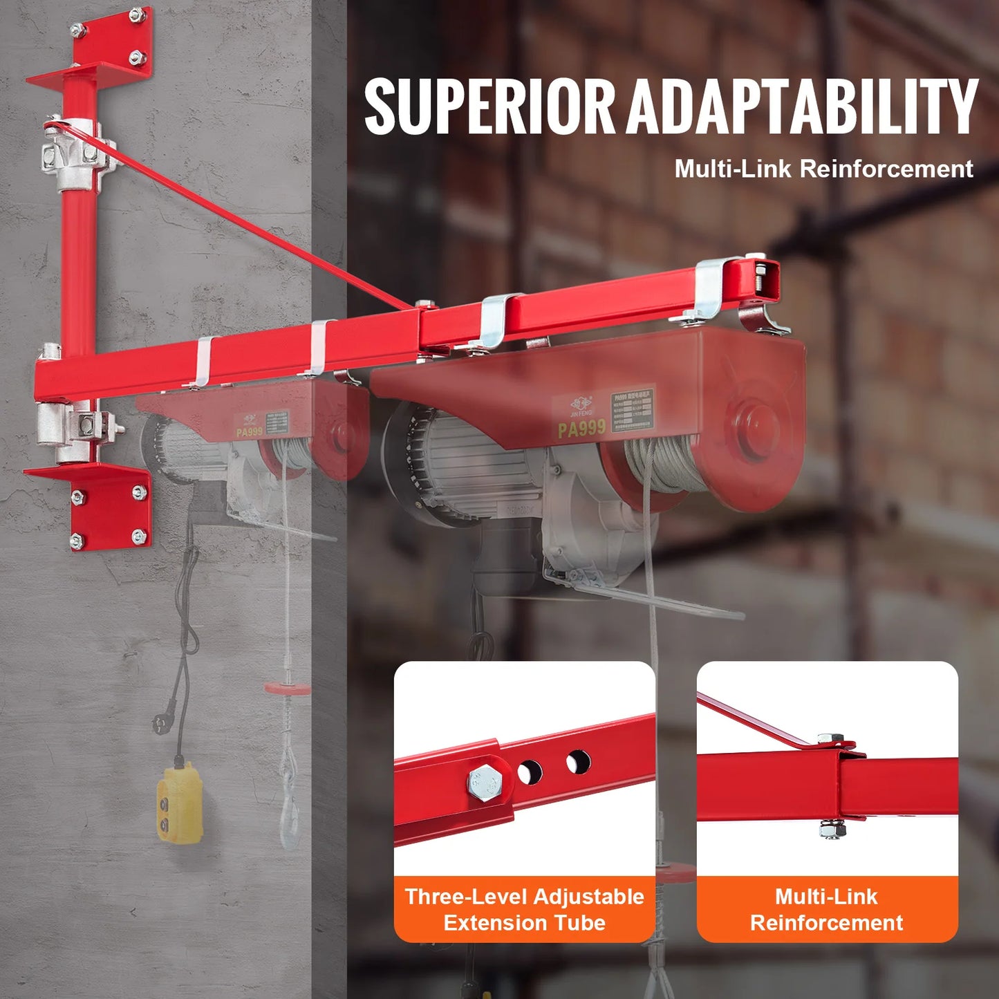 Electric Hoist, Swing Arm Support, w/Steel Hoist Frame, 180° Rotation