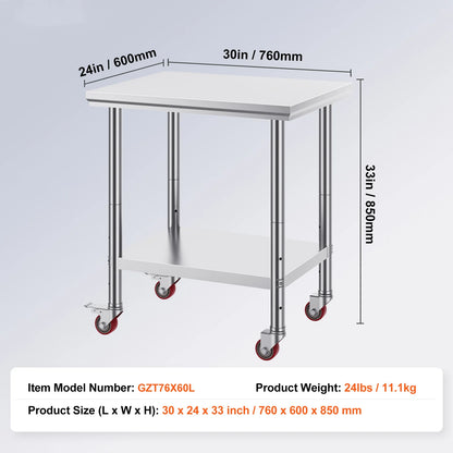 Stainless Steel Kitchen Work Table with Caster Wheels