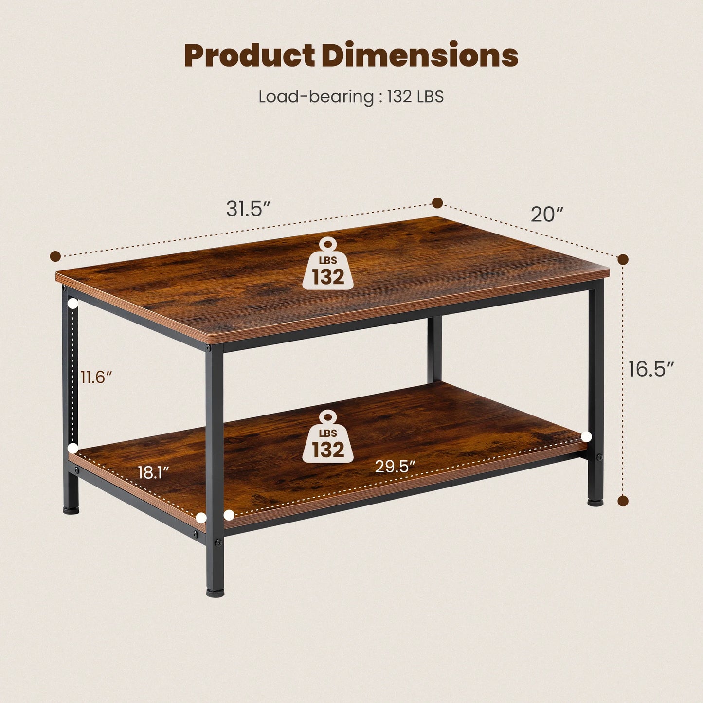 31" Wood Coffee Table, 2-Tier with Storage