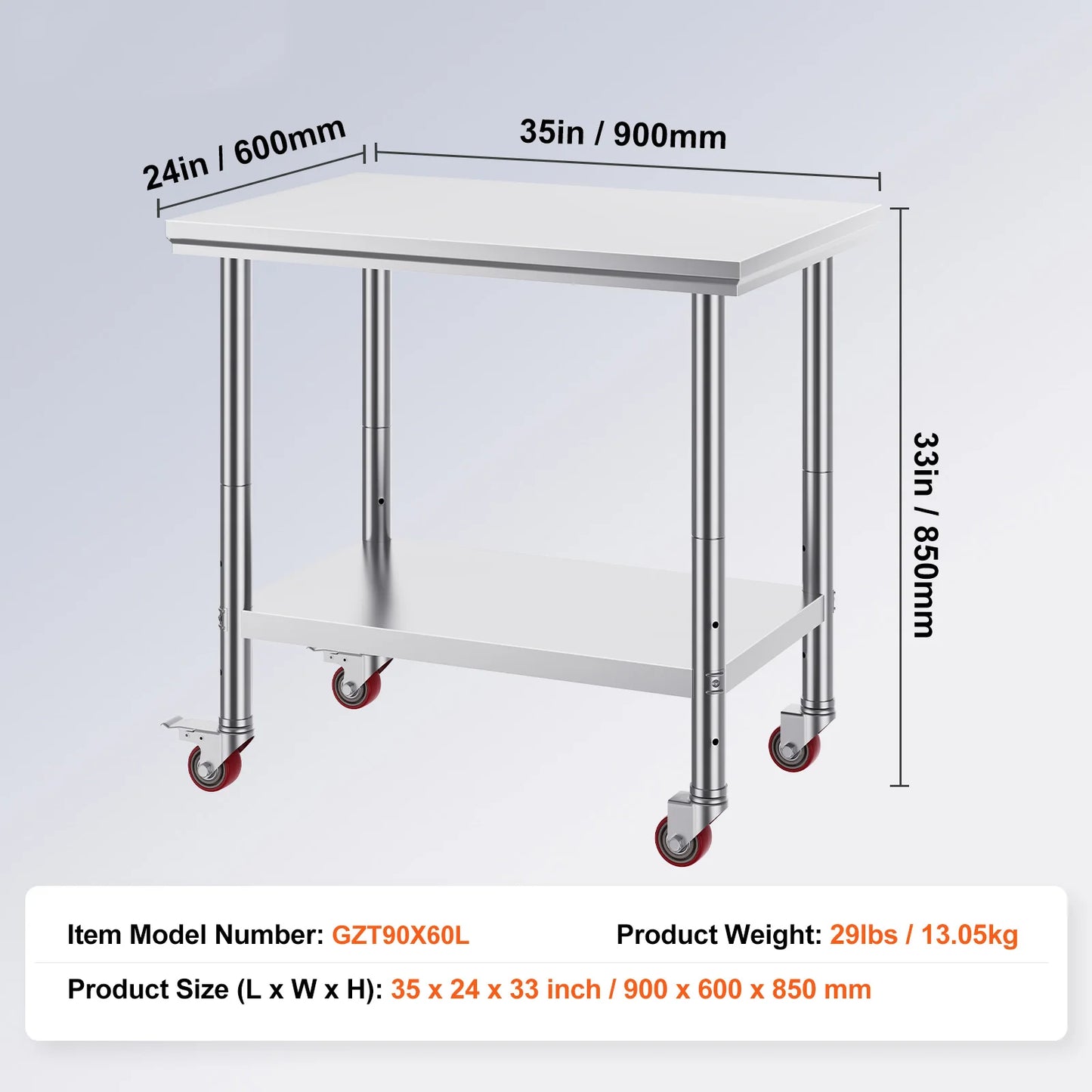 Stainless Steel Kitchen Work Table with Caster Wheels