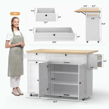 60" Mobile Kitchen Island with Power Outlet, Spice, Towel Rack, and Trash