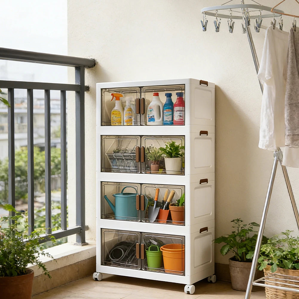 4 Tier Folding Storage Boxes with Doors & Wheels